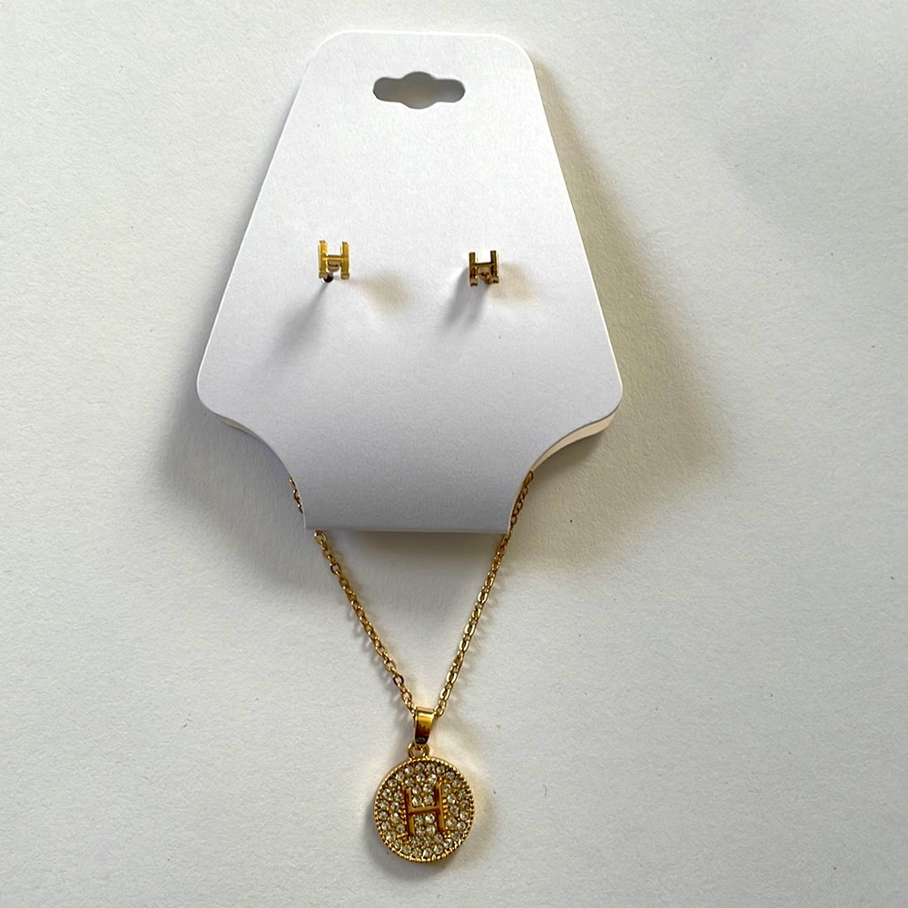 Letter H gold necklace and earring set